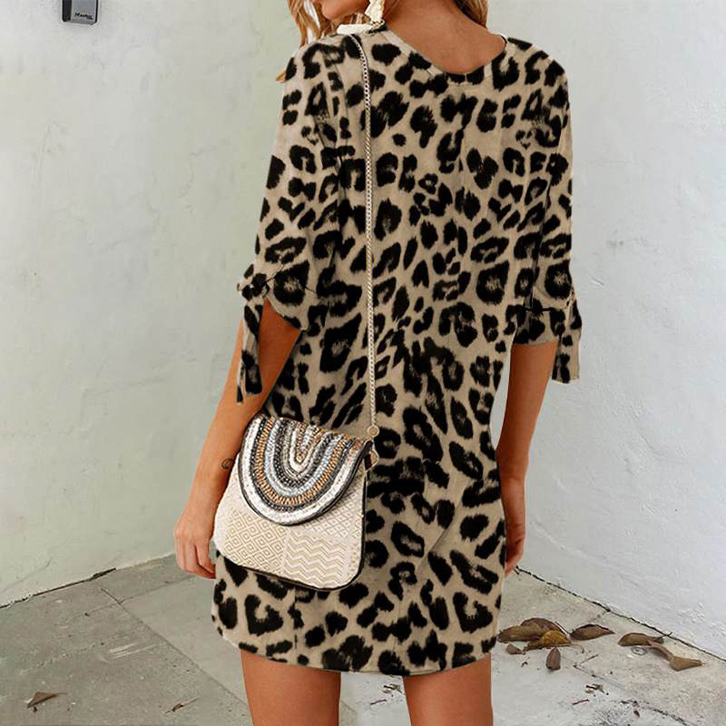 Leopard Print Round Neck Short Sleeve Dress