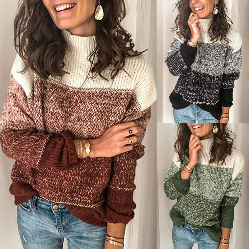 Plus Size Women's Patchwork Knit Sweater with High Neck, Loose Fit