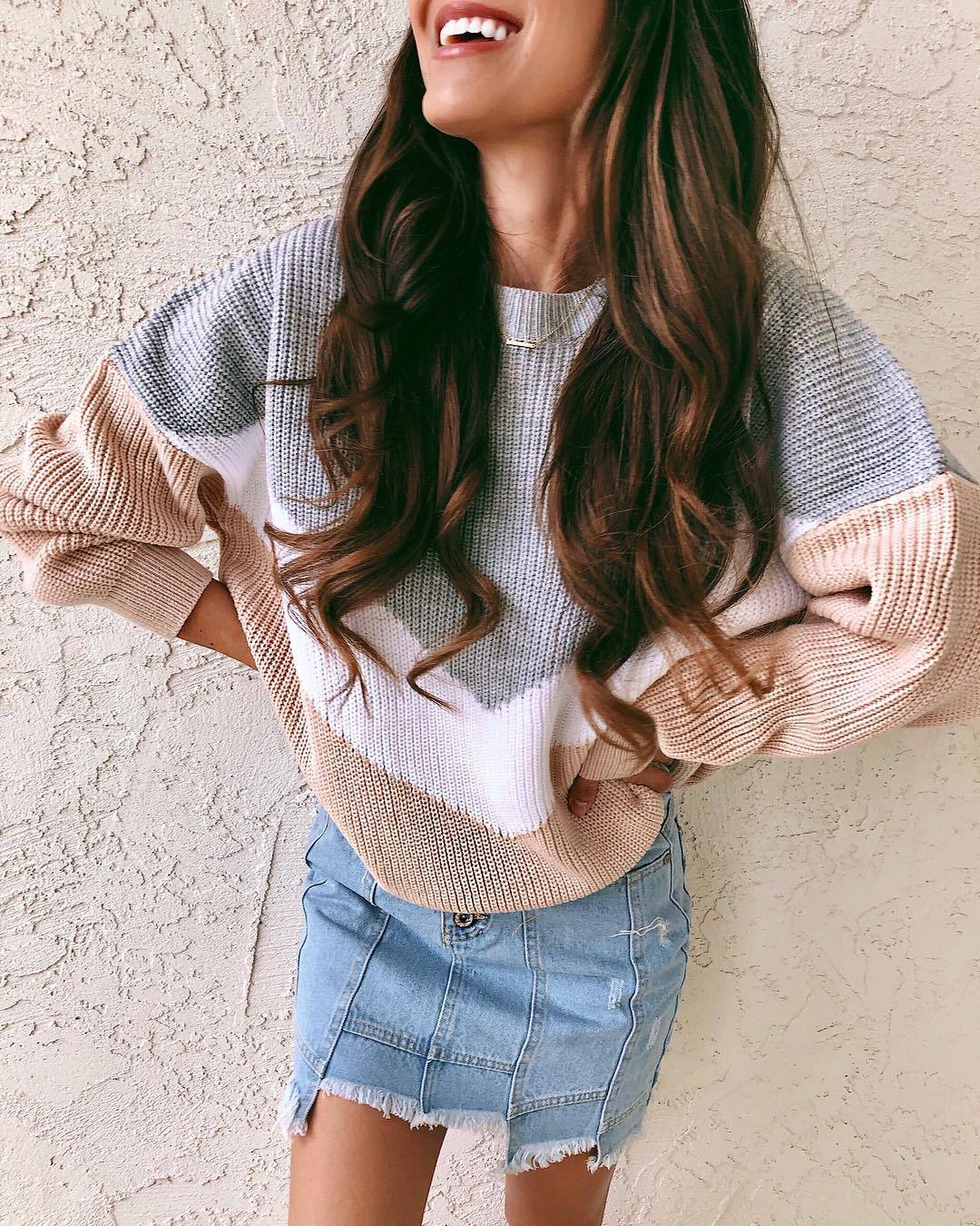 Women's Round Neck Pullover Knit Sweater Loose Fit