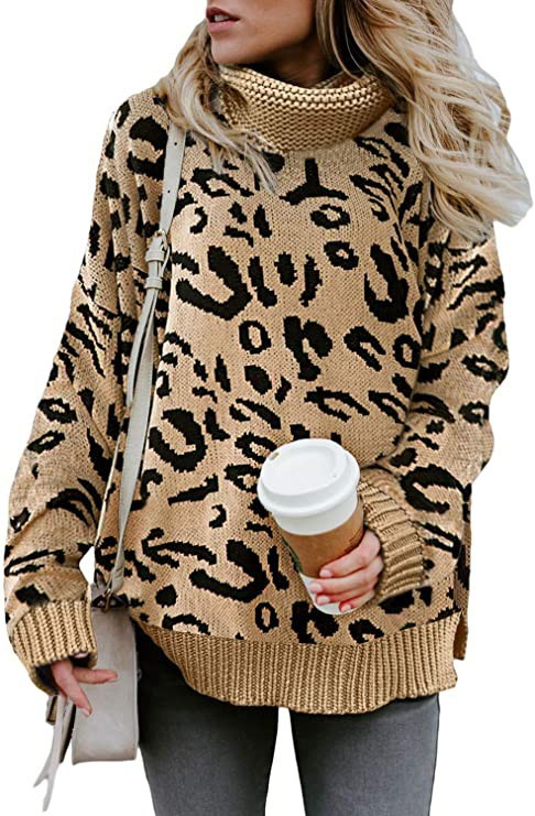 Women's Leopard Print Turtleneck Split Hem Knit Sweater