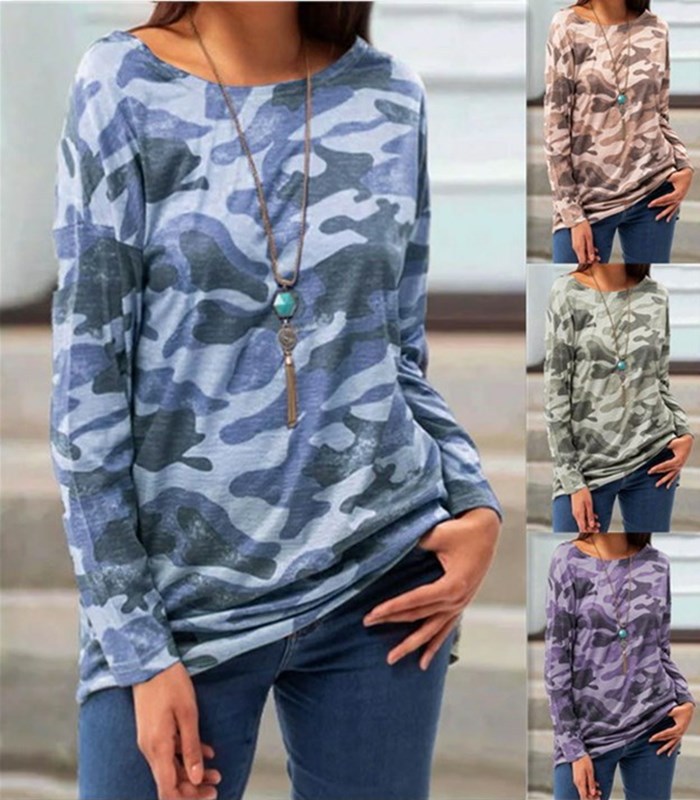 Plus Size Camo Print Long Sleeve Crewneck T-Shirt