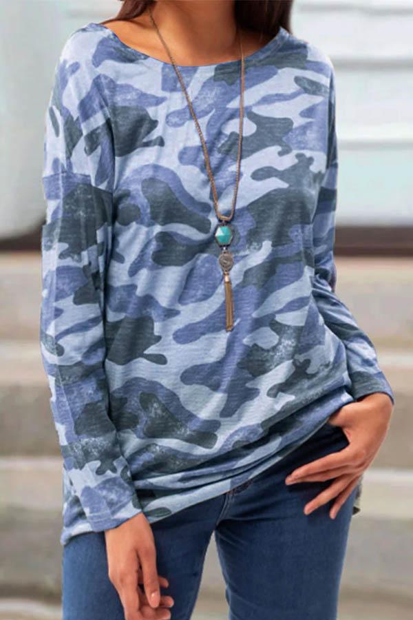 Plus Size Camo Print Long Sleeve Crewneck T-Shirt