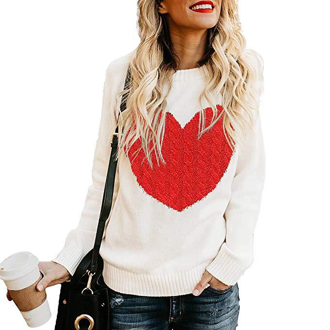 Women's Heart Print Knit Pullover Sweater