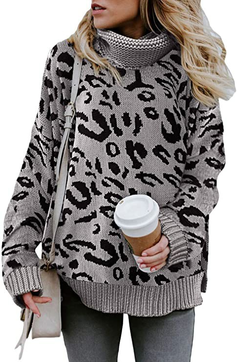 Women's Leopard Print Turtleneck Split Hem Knit Sweater