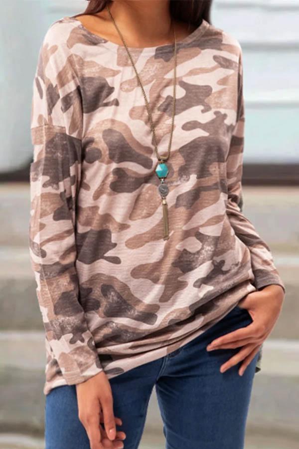 Plus Size Camo Print Long Sleeve Crewneck T-Shirt