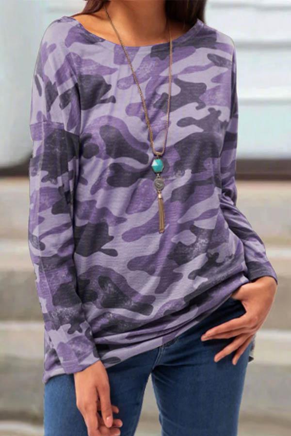 Plus Size Camo Print Long Sleeve Crewneck T-Shirt
