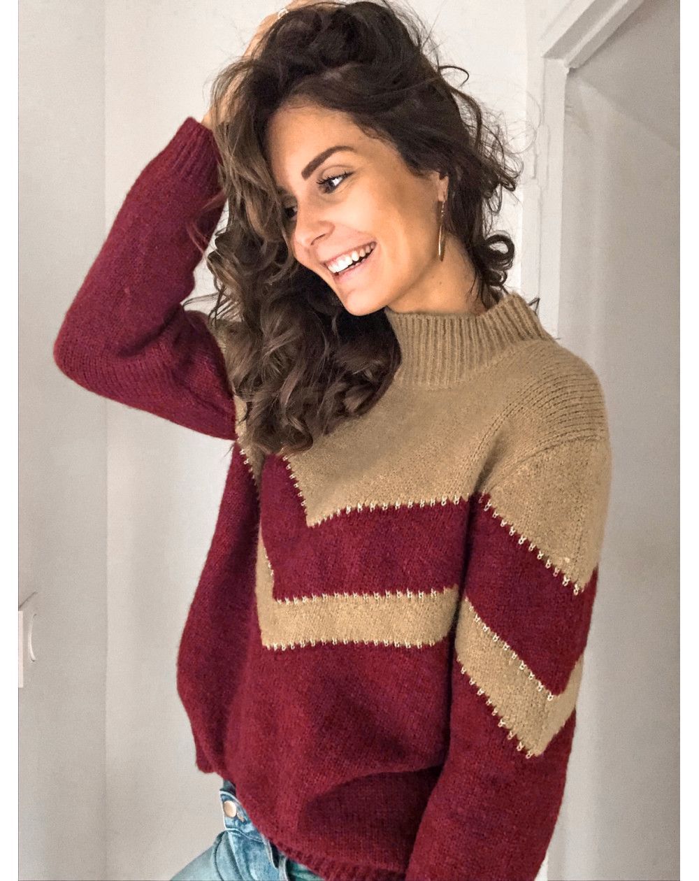 Women's Color-Block Knit Pullover Sweater with Half Turtleneck