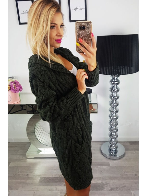 Cable-Knit Hooded Cardigan Sweater, Loose Batwing Sleeve, Black, One Size