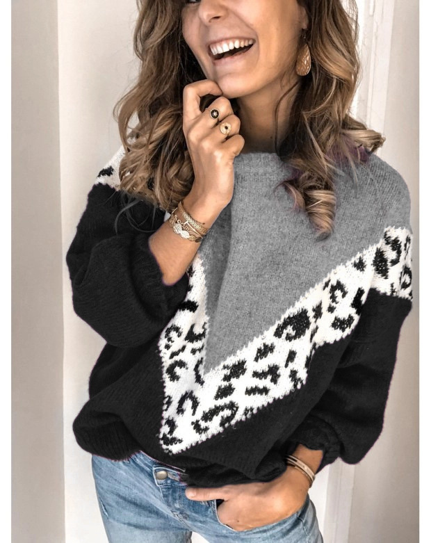 Women's Chunky Knit Pullover Sweater Long Sleeve Crew Neck Loose Fit Black