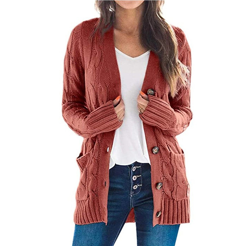 Women's Cable-Knit Button-Front Cardigan Sweater, Solid Color, Loose Fit
