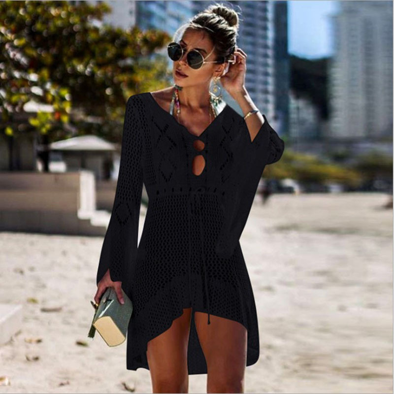 Women's Openwork Knit Flare-Sleeve Midi Dress