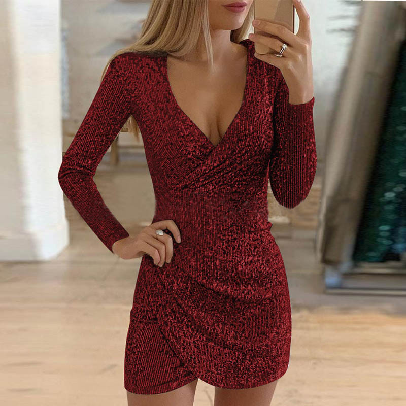 Women's Sexy V-Neck Sequin Bodycon Mini Dress with Irregular Hem