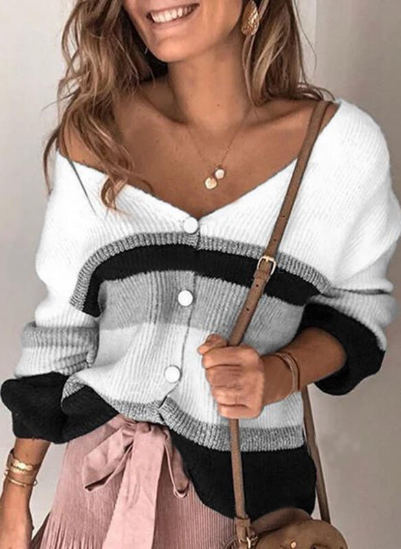 Women's Plus Size Striped Cardigan Sweater Knit Jacket