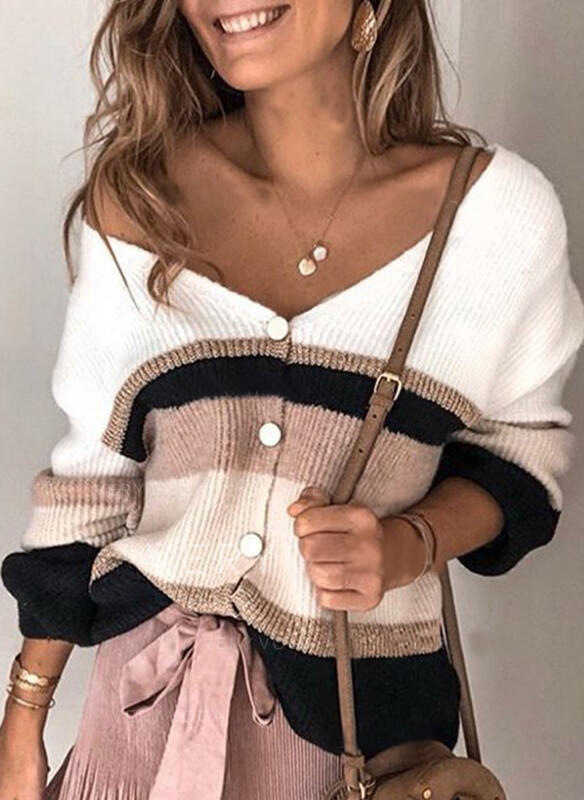 Women's Plus Size Striped Cardigan Sweater Knit Jacket