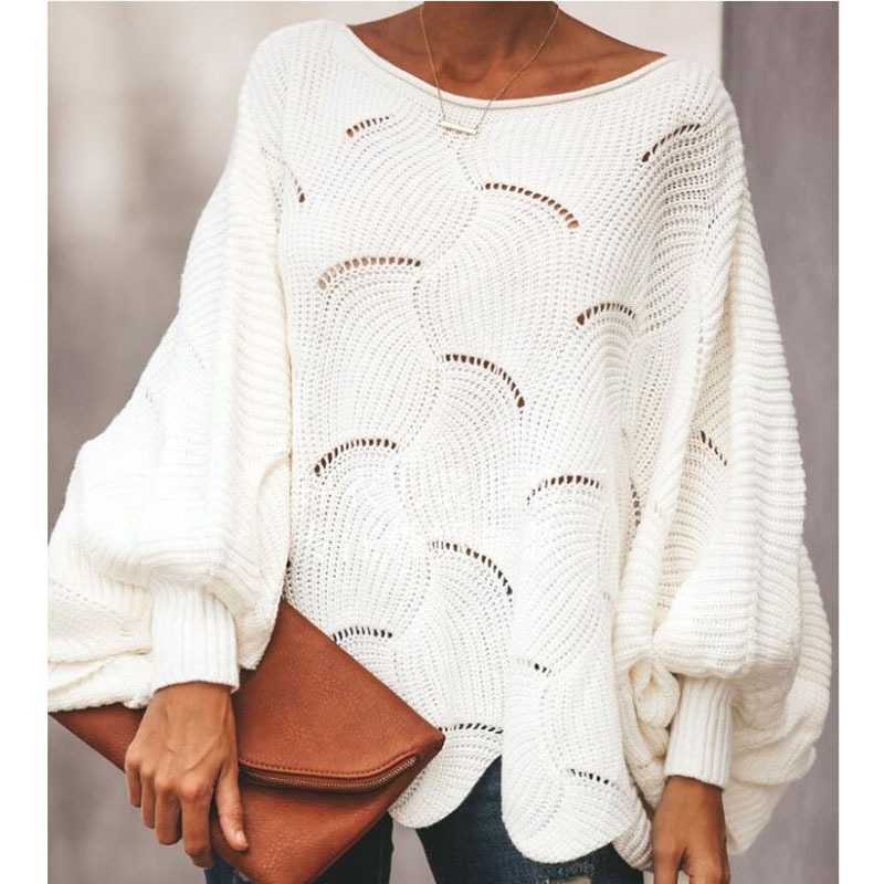 Plus Size Lightweight Knit Sweater Women's Pullover Crew Neck Loose Fit Long Sleeve Hollow Out