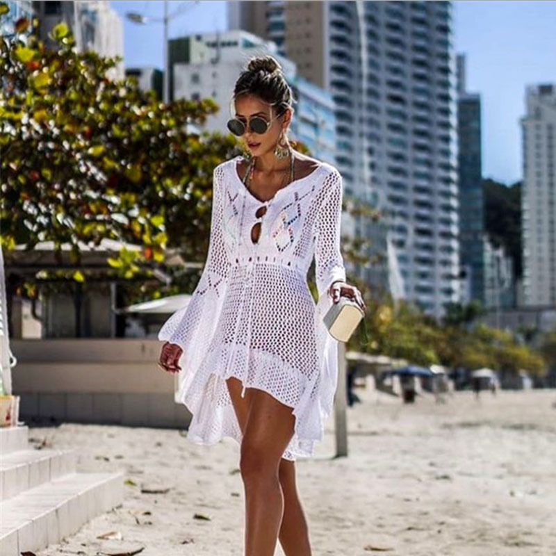 Women's Openwork Knit Flare-Sleeve Midi Dress