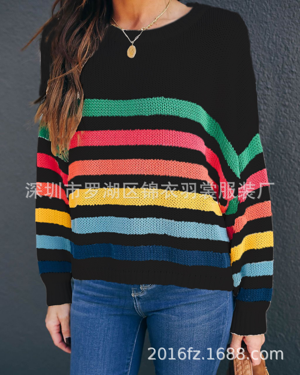 Striped Patchwork Knit Sweater Women's Loose Crewneck Pullover