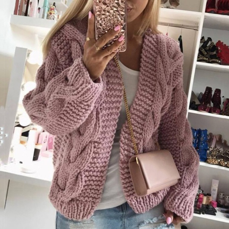 Women's Chunky Cable Knit Cardigan Sweater, Loose V-Neck Long Sleeve