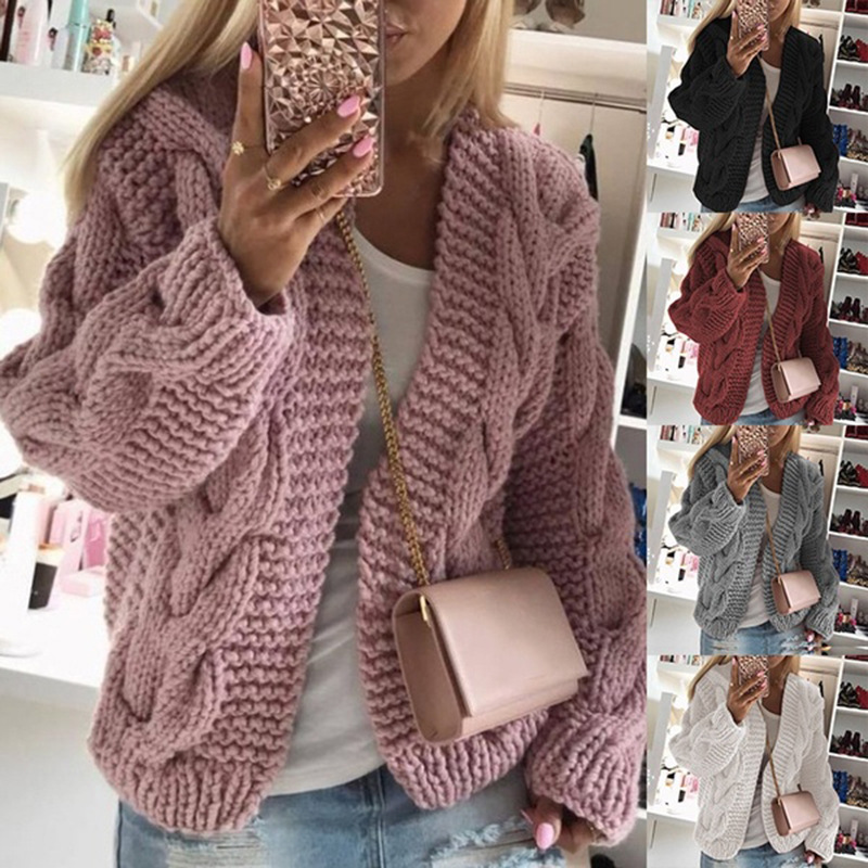 Women's Chunky Cable Knit Cardigan Sweater, Loose V-Neck Long Sleeve
