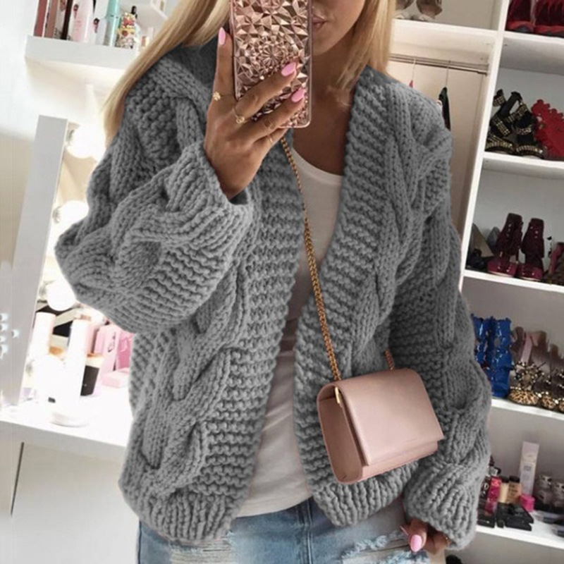 Women's Chunky Cable Knit Cardigan Sweater, Loose V-Neck Long Sleeve