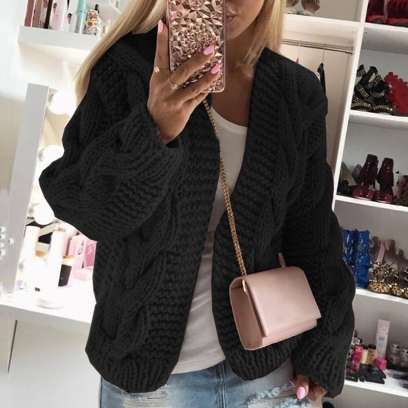 Women's Chunky Cable Knit Cardigan Sweater, Loose V-Neck Long Sleeve