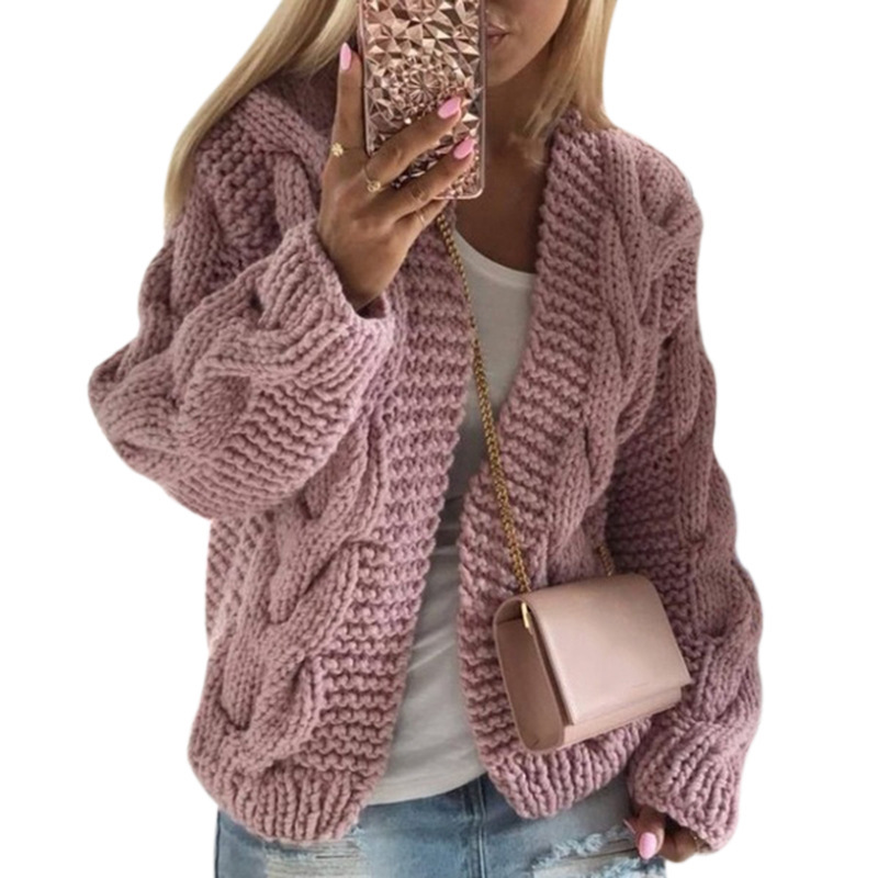 Women's Chunky Cable Knit Cardigan Sweater, Loose V-Neck Long Sleeve
