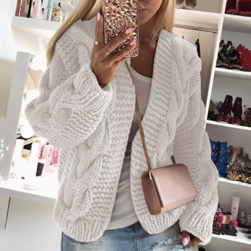Women's Chunky Cable Knit Cardigan Sweater, Loose V-Neck Long Sleeve