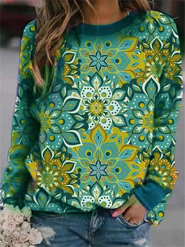 Retro Printed Crewneck Long-Sleeve Pullover Sweatshirt for Women