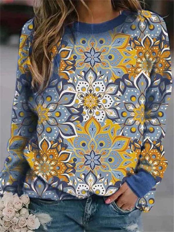 Retro Printed Crewneck Long-Sleeve Pullover Sweatshirt for Women