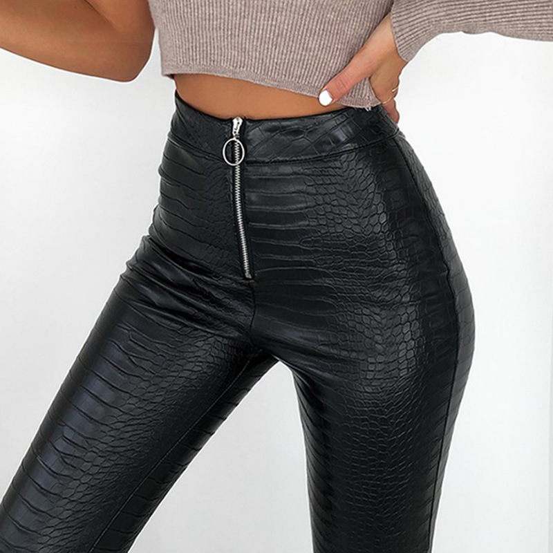 High-Waisted Crocodile-Embossed Faux Leather Skinny Pants for Women