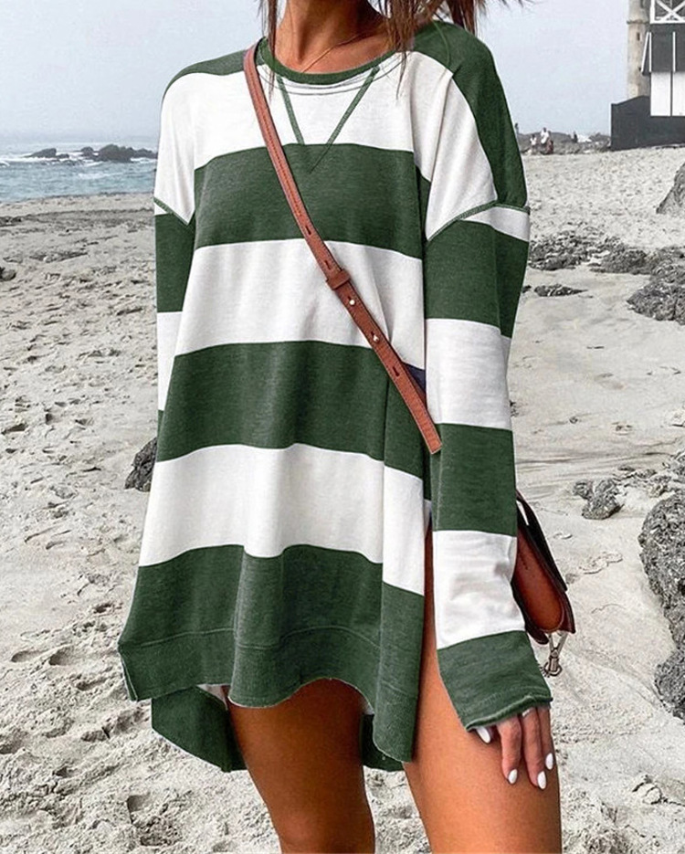 Striped Print Women's Sweatshirt Long Sleeve Side Slit Pullover