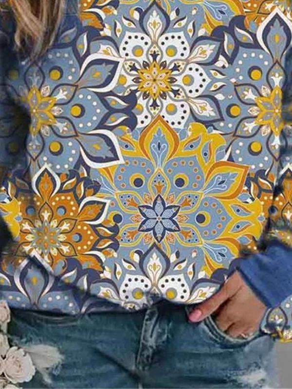Retro Printed Crewneck Long-Sleeve Pullover Sweatshirt for Women