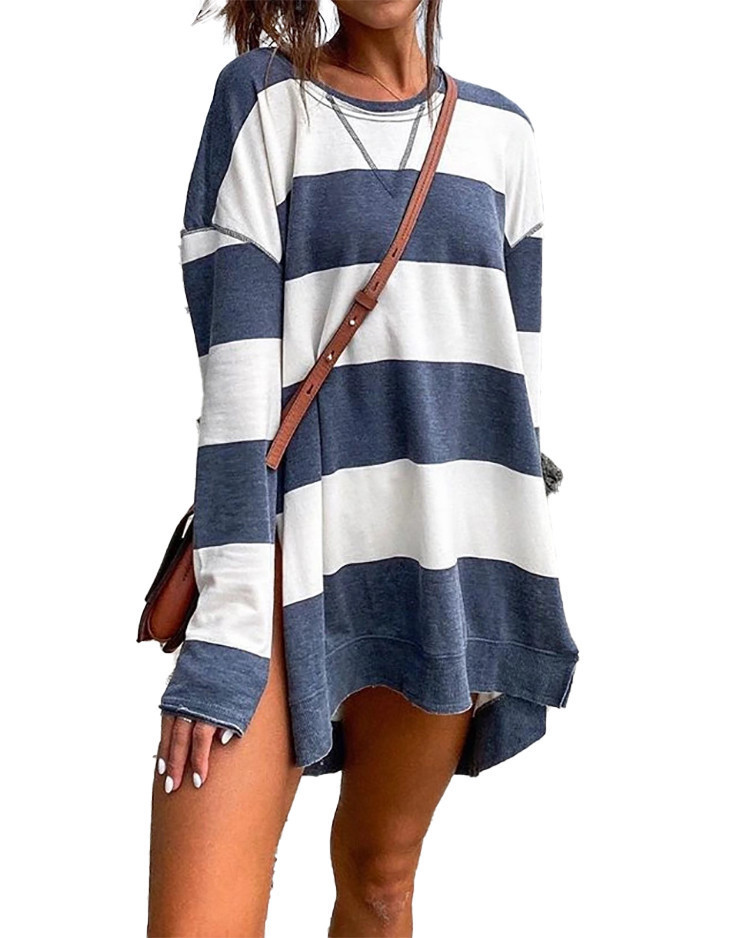 Striped Print Women's Sweatshirt Long Sleeve Side Slit Pullover