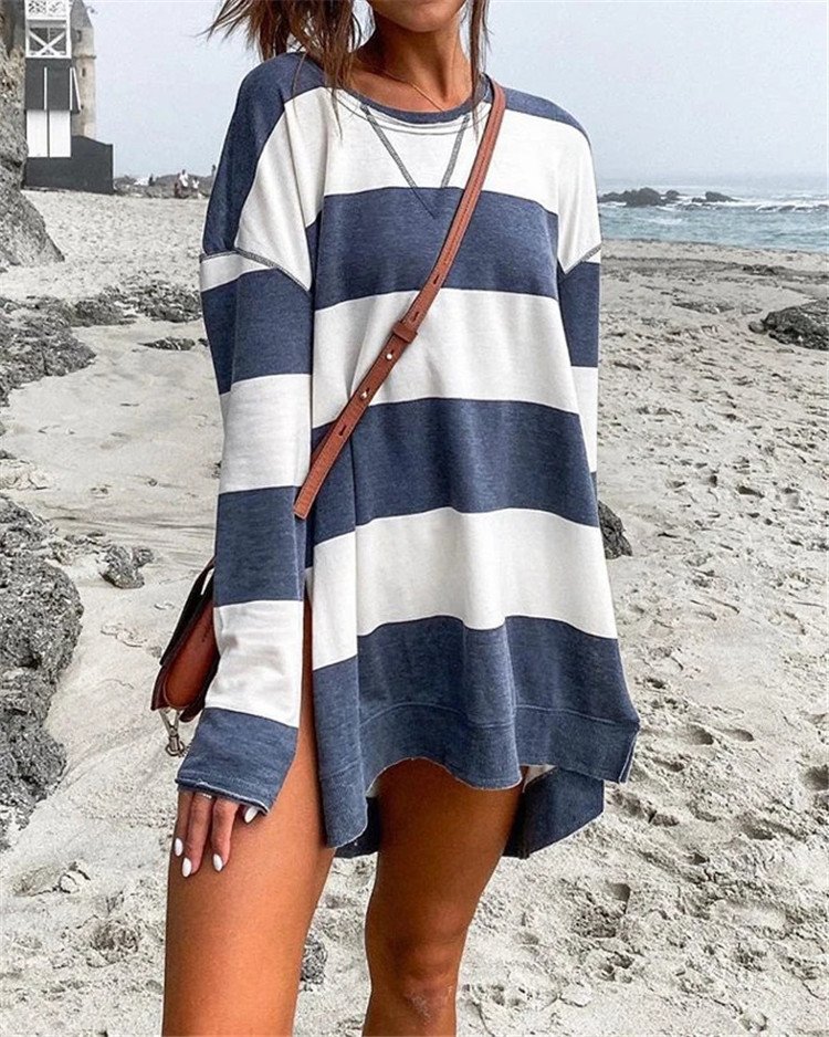 Striped Print Women's Sweatshirt Long Sleeve Side Slit Pullover