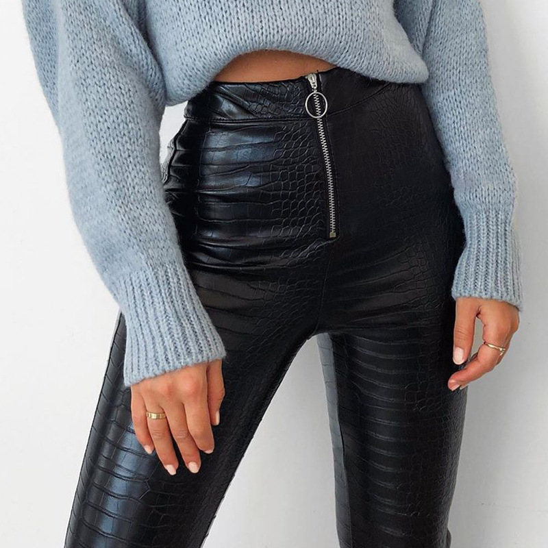 High-Waisted Crocodile-Embossed Faux Leather Skinny Pants for Women