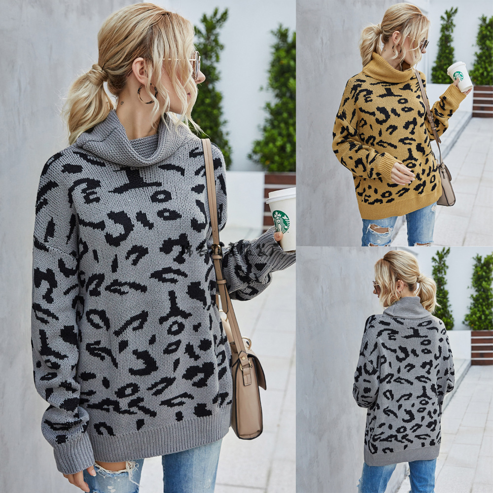 Women's Leopard Print Turtleneck Split Hem Knit Sweater