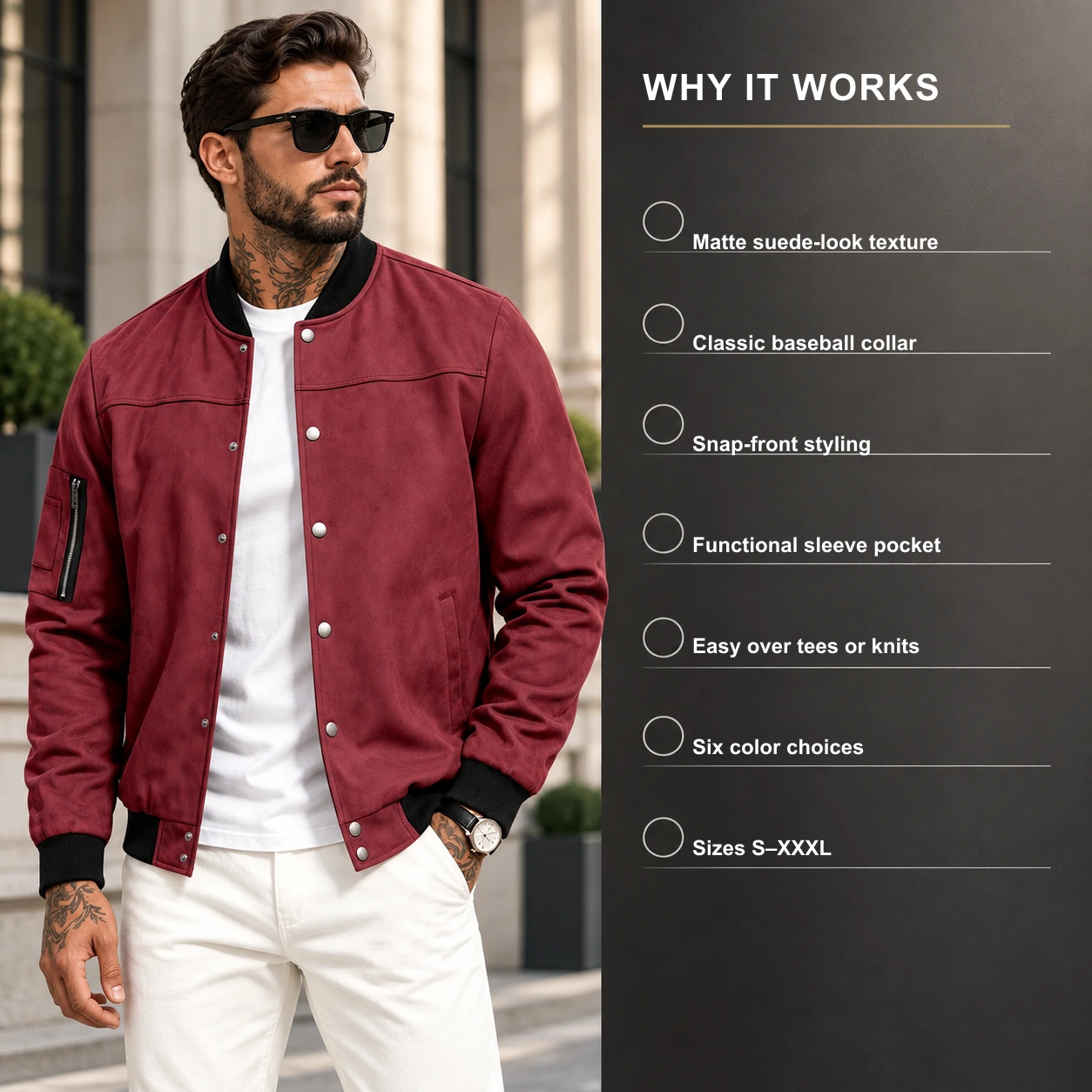 Burgundy suede-look bomber jacket with seven product highlights
