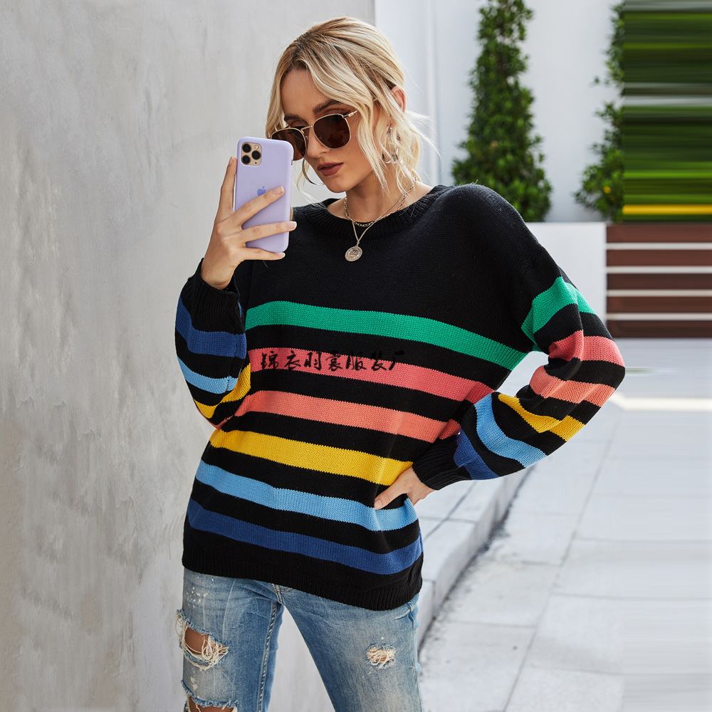 Striped Patchwork Knit Sweater Women's Loose Crewneck Pullover