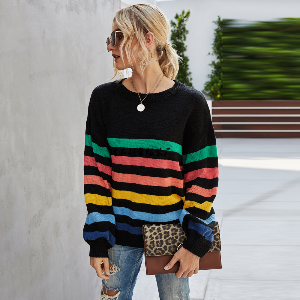 Striped Patchwork Knit Sweater Women's Loose Crewneck Pullover