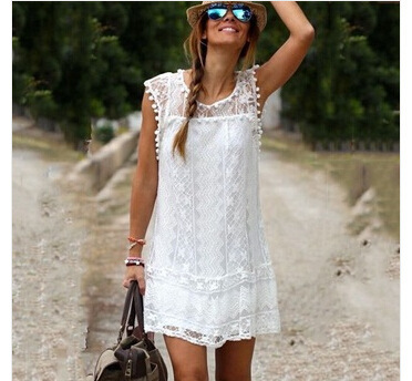 White Lace Sleeveless Dress with Pom-Pom Trim and Lining