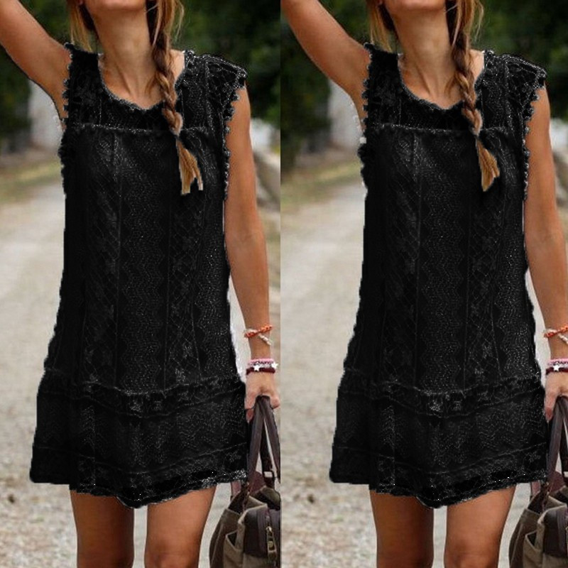 White Lace Sleeveless Dress with Pom-Pom Trim and Lining