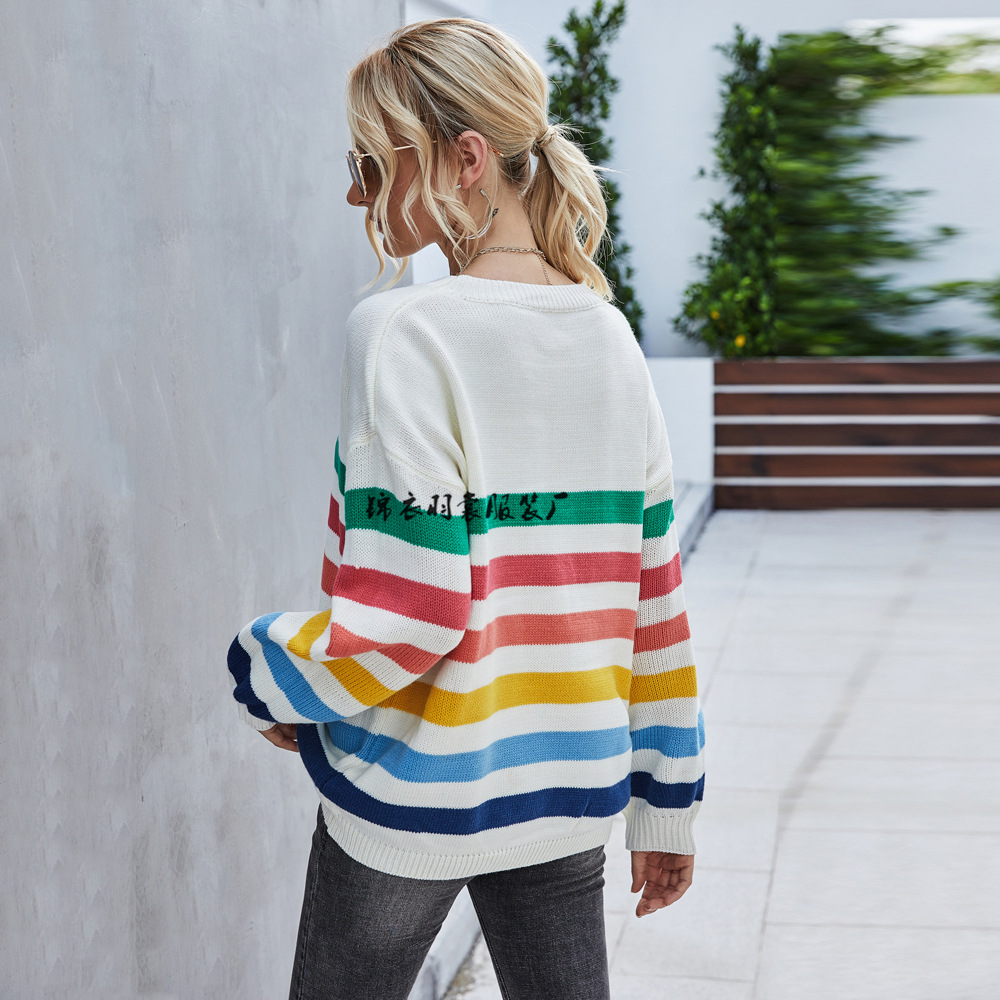 Striped Patchwork Knit Sweater Women's Loose Crewneck Pullover