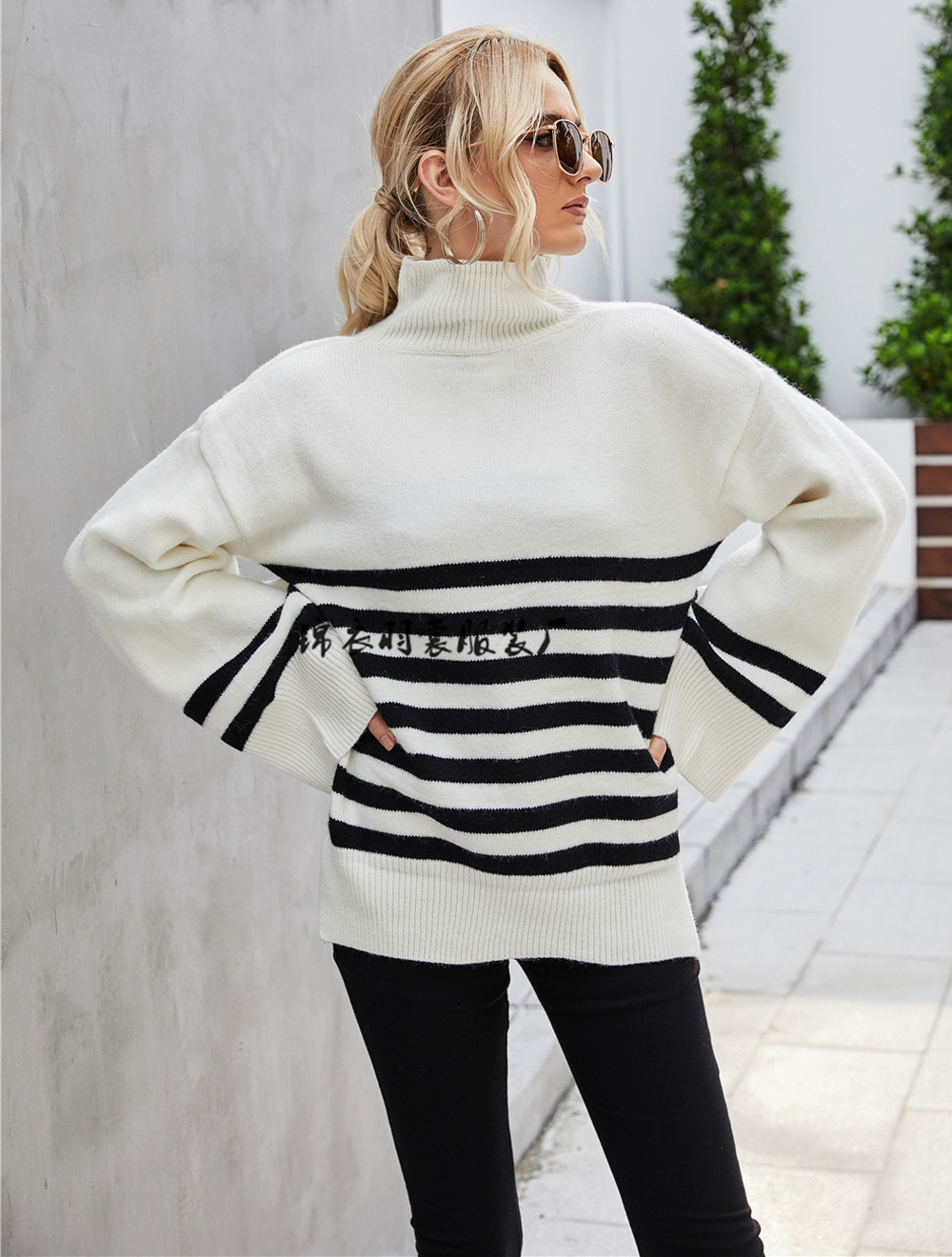 Women's Oversized Striped Knit Pullover Sweater with Flared Sleeves