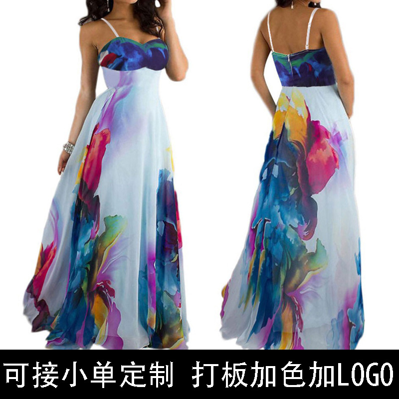 Women's Strapless Off-Shoulder Digital Print Maxi Dress with Waist