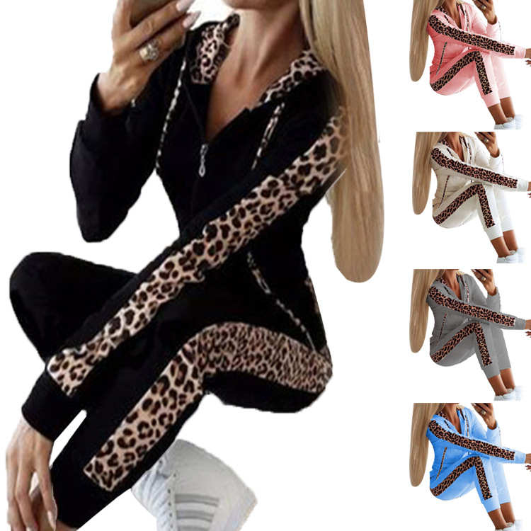 Leopard Print Long Sleeve Zip Hoodie and Pants Set for Women