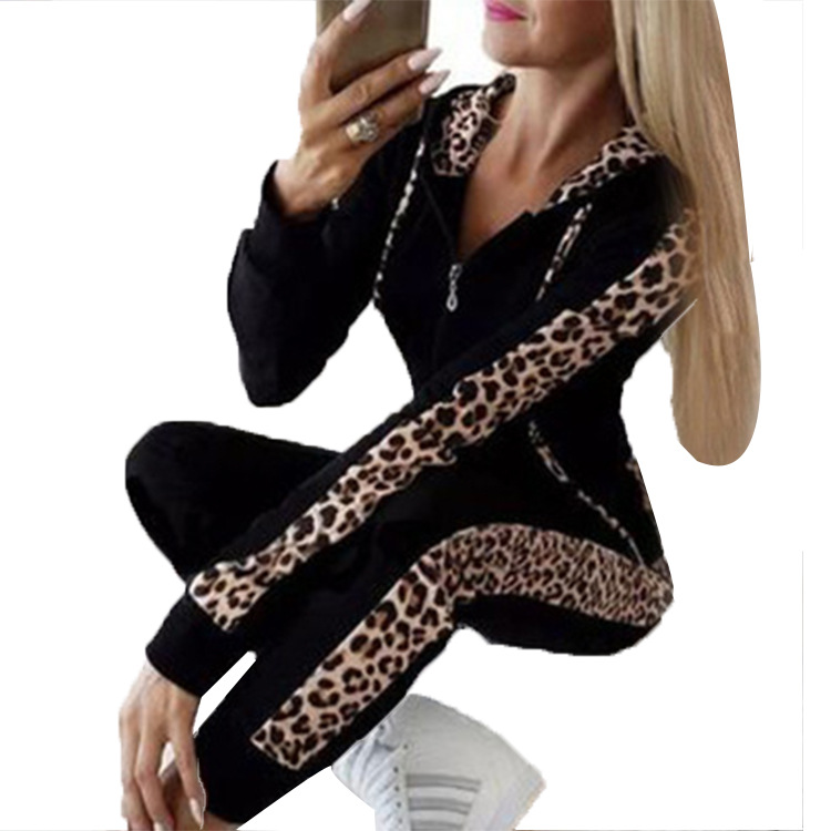 Leopard Print Long Sleeve Zip Hoodie and Pants Set for Women
