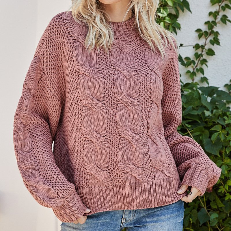 Solid Cable Knit Half Turtleneck Sweater Long Sleeve Pullover