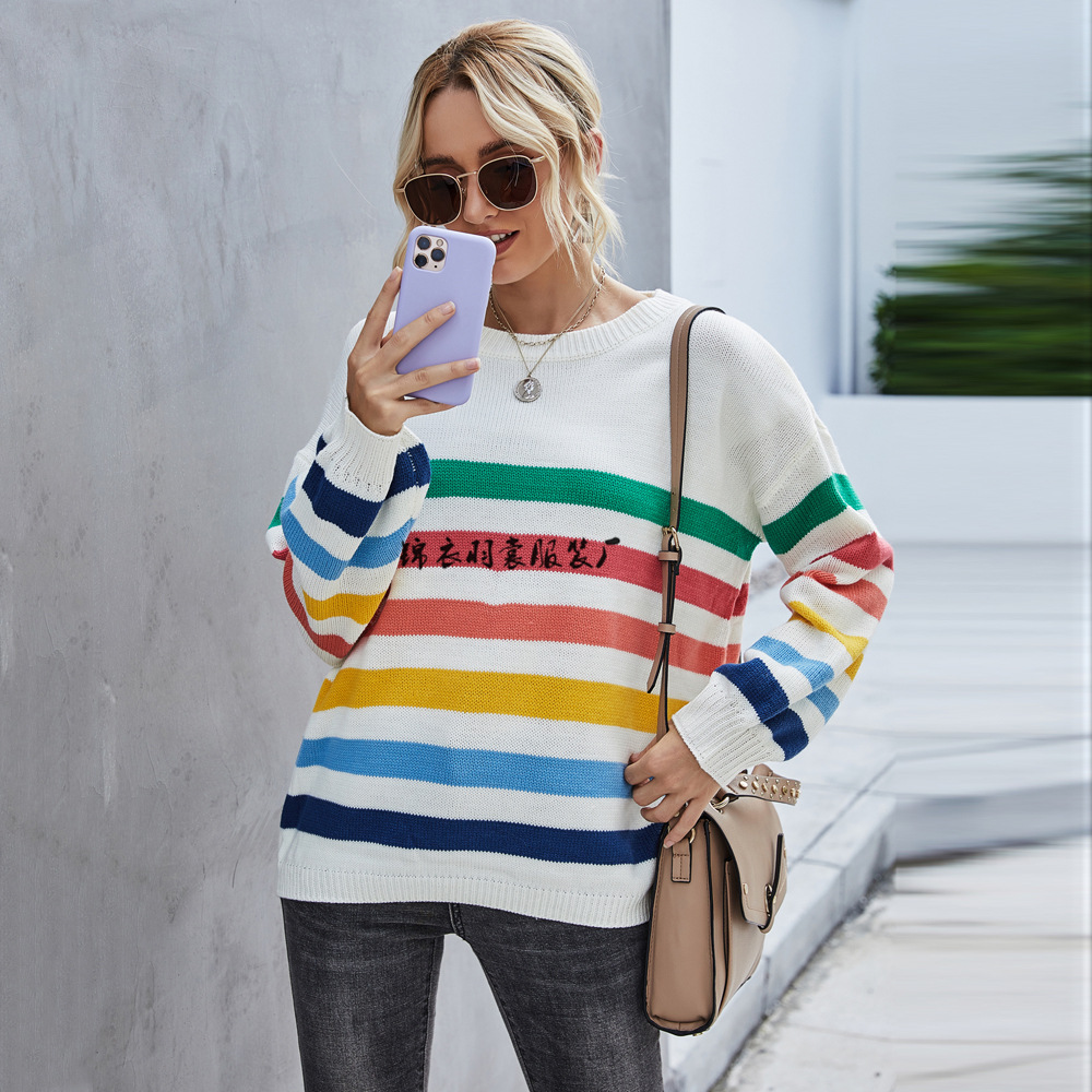 Striped Patchwork Knit Sweater Women's Loose Crewneck Pullover