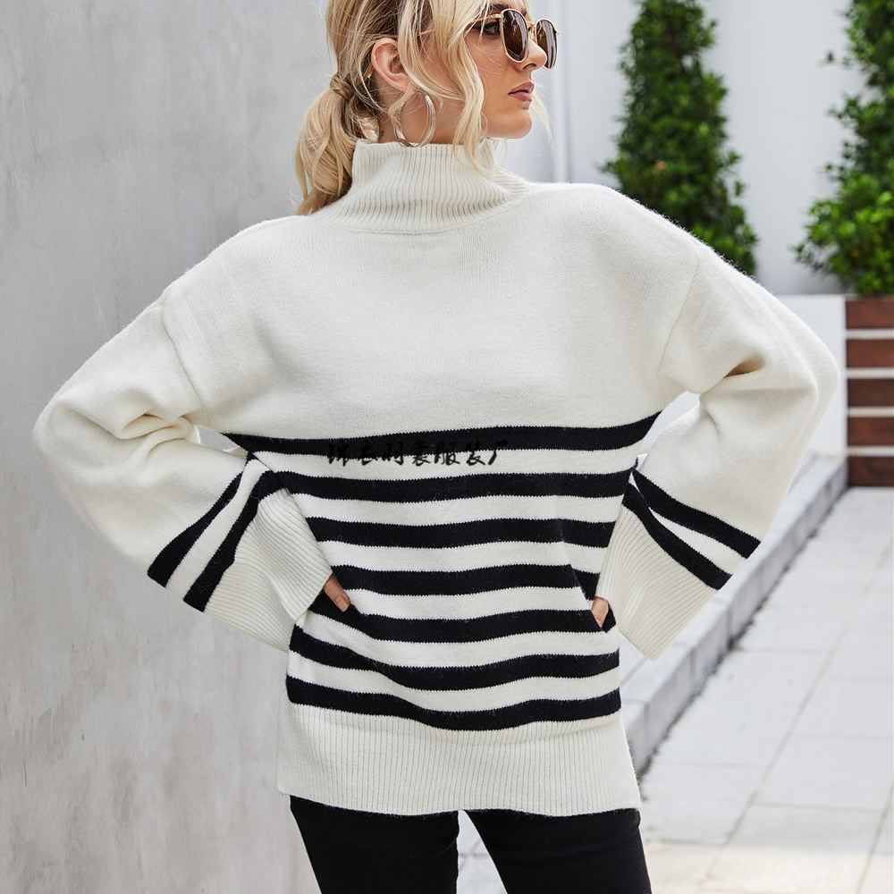 Women's Oversized Striped Knit Pullover Sweater with Flared Sleeves