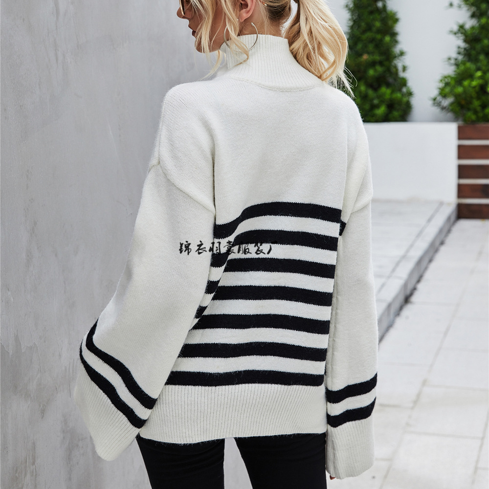 Women's Oversized Striped Knit Pullover Sweater with Flared Sleeves